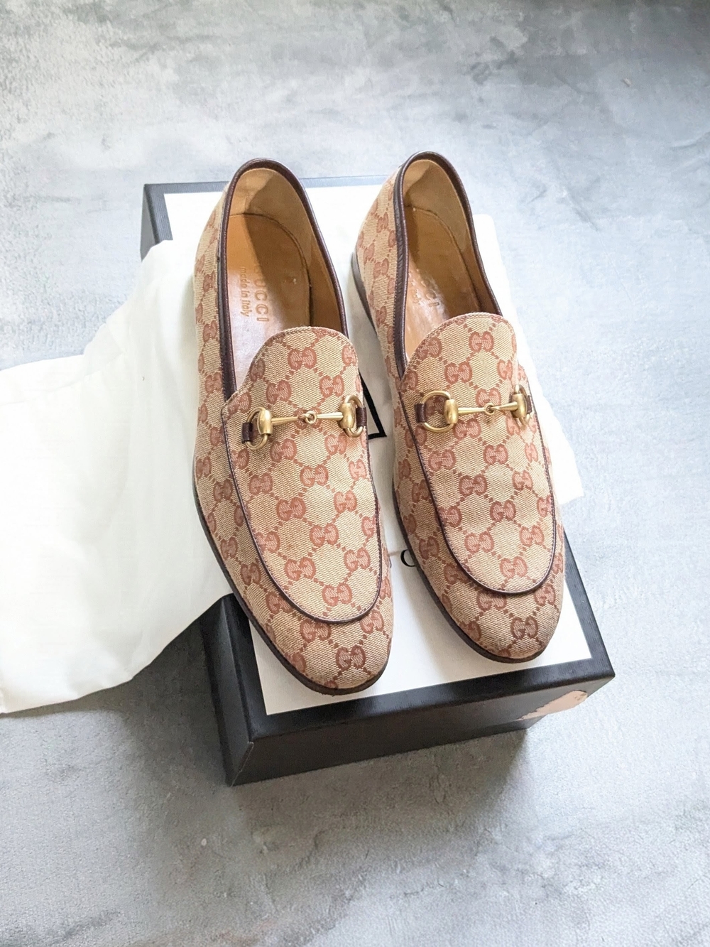Gucci Men’s Beige GG Canvas Horsebit Loafers US 10.5 Monogram Logo GG Brown